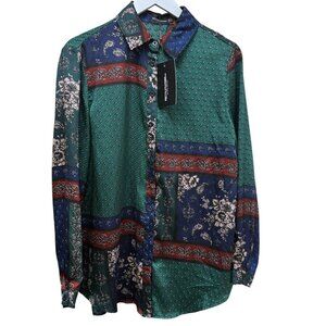 Pretty Little Thing Blouse Size 6 Blue Green Patchwork Print Oversized Button Up